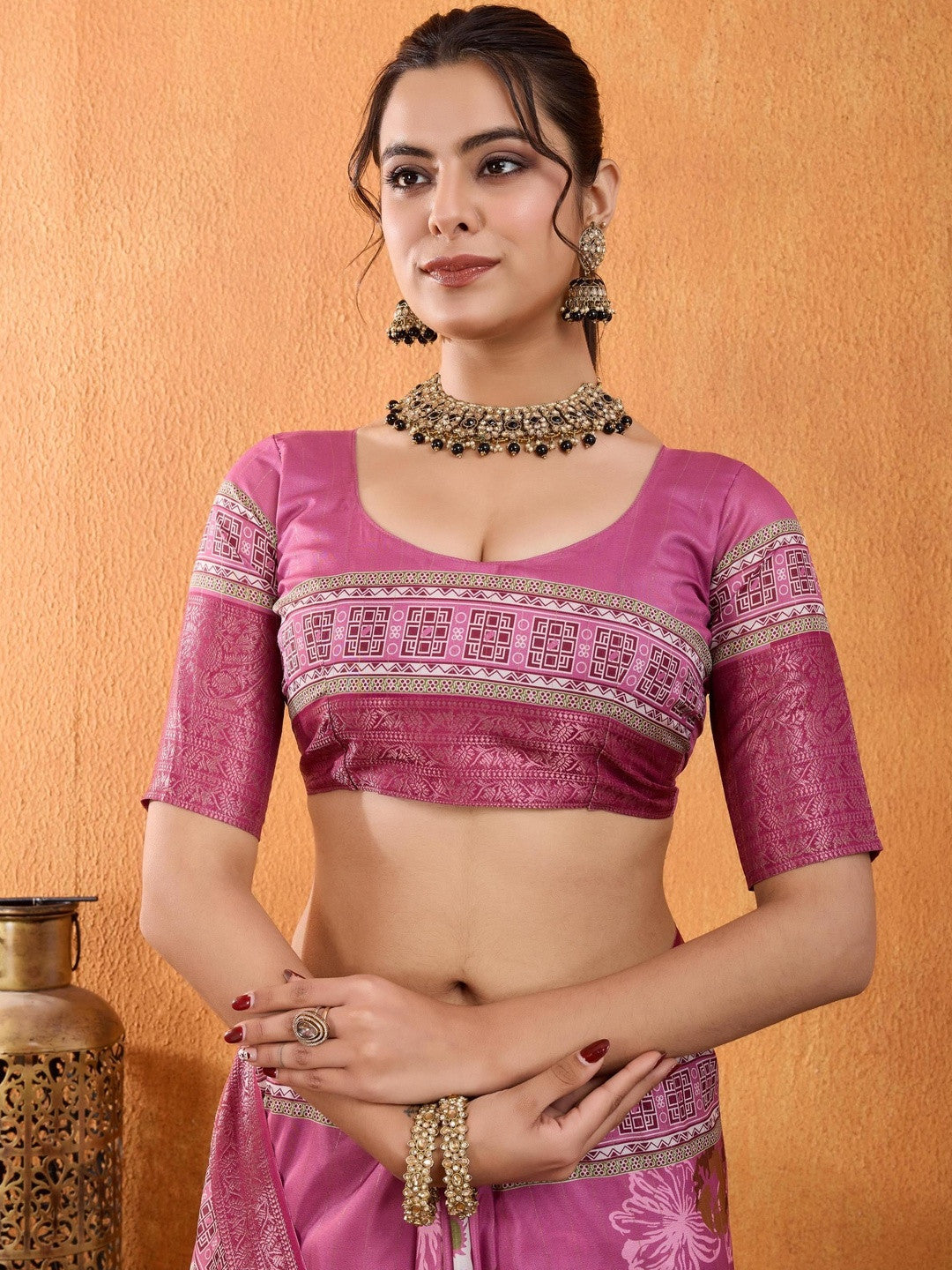 Pink Floral Zari Pure Crepe Saree