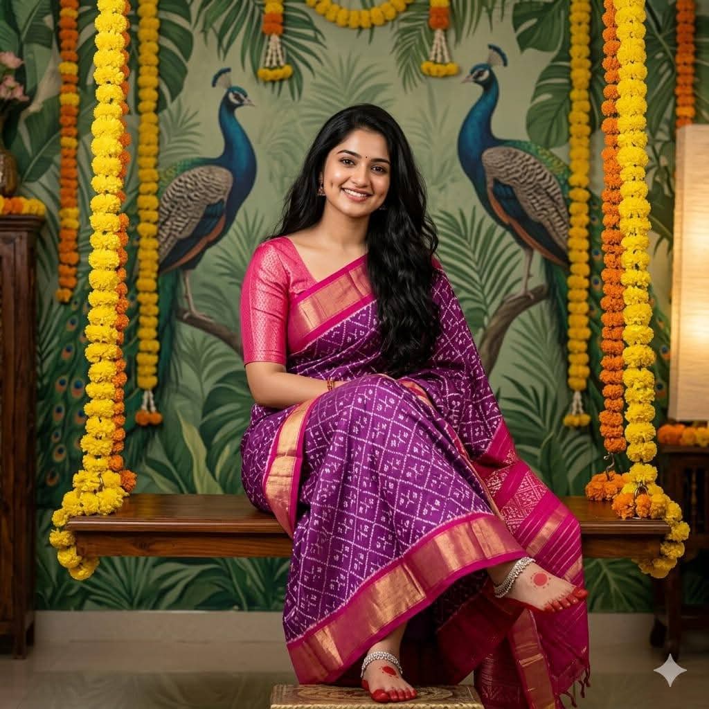 Purple and Pink Pochampally Ikkat Silk Saree Gold Zari