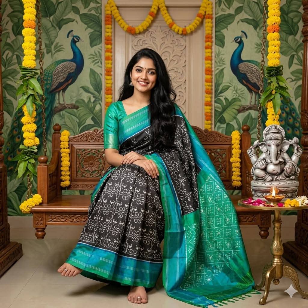 Black and Sea Green Pochampally Ikkat Pure Silk Saree