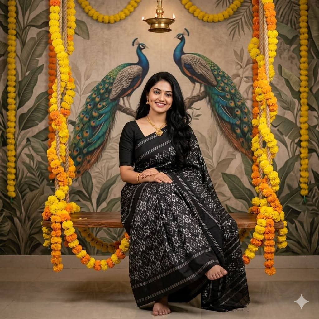 Black and White Pochampally Ikkat Silk Saree Silver Zari