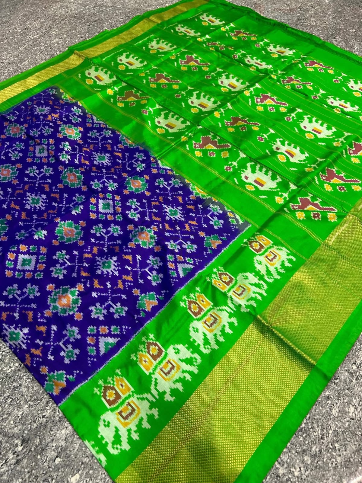 Purple and Parrot Green Pochampally Ikkat Silk Saree Zari