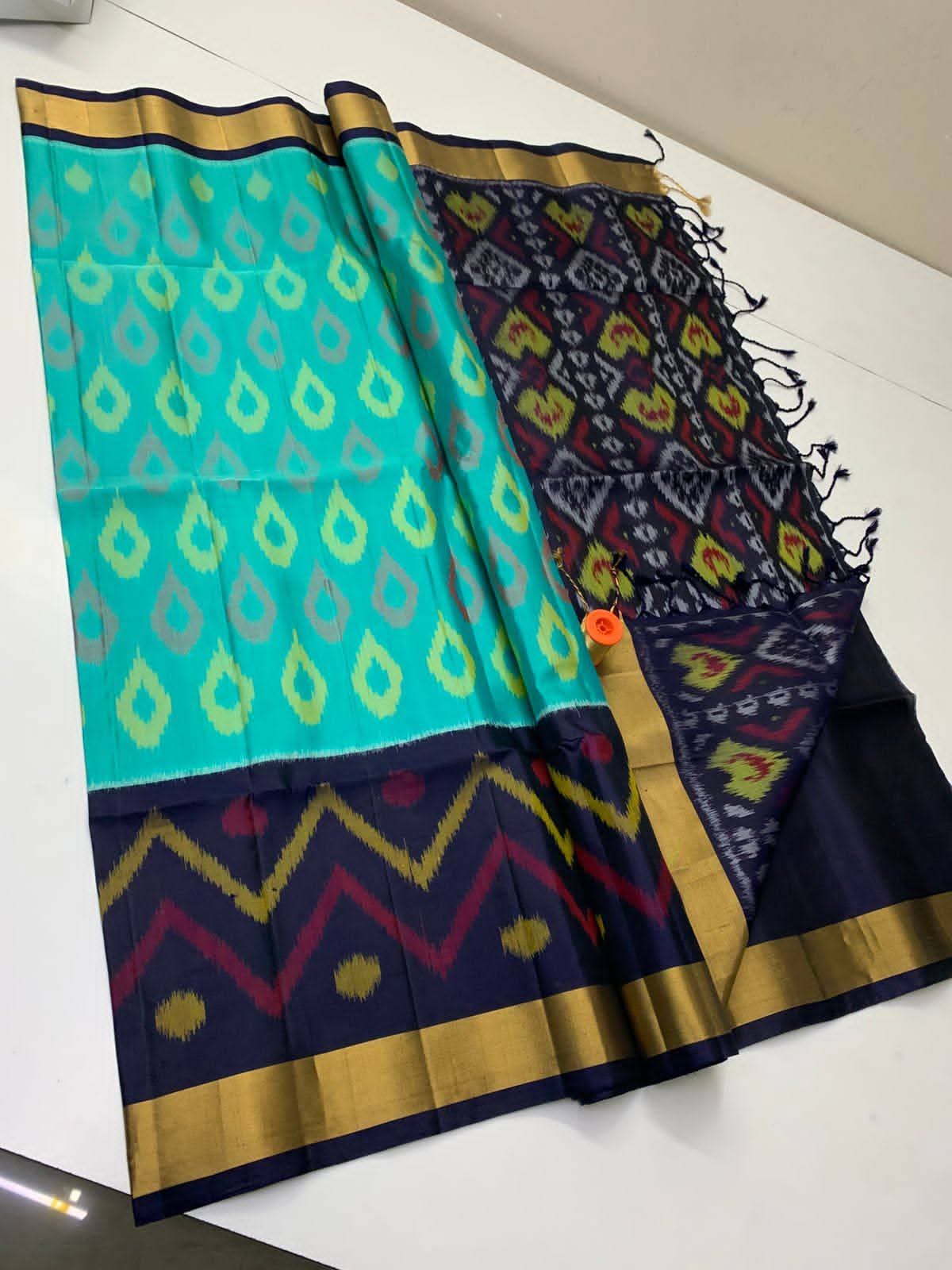 Turquoise and Navy Blue Pochampally Ikkat Silk Saree Zari