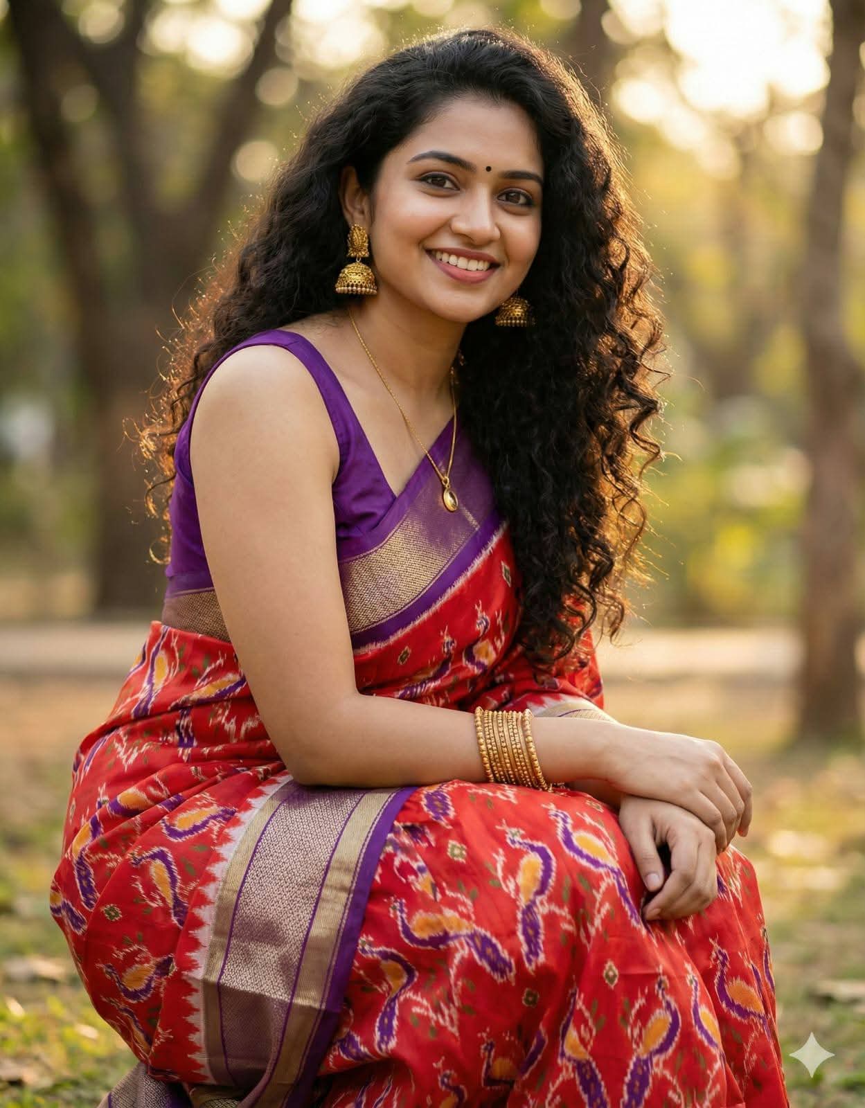 Red and Purple Pochampally Ikkat Silk Saree Gold Zari