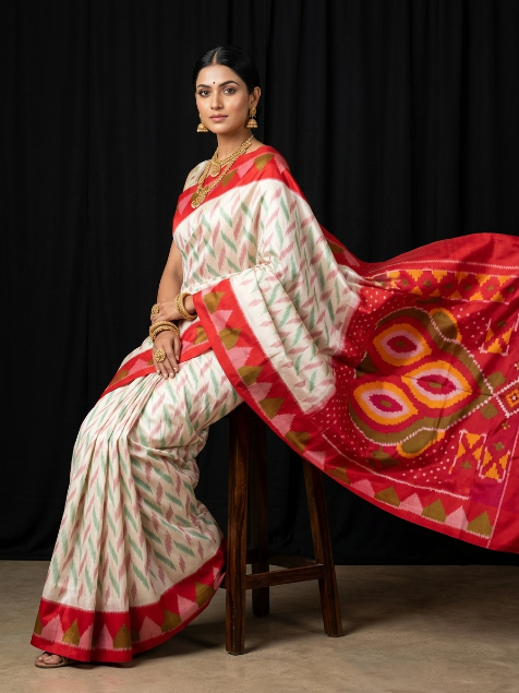 Multicolor Dola Silk Twill Ikkat Designer Saree With Unstitched Blouse Piece For Women