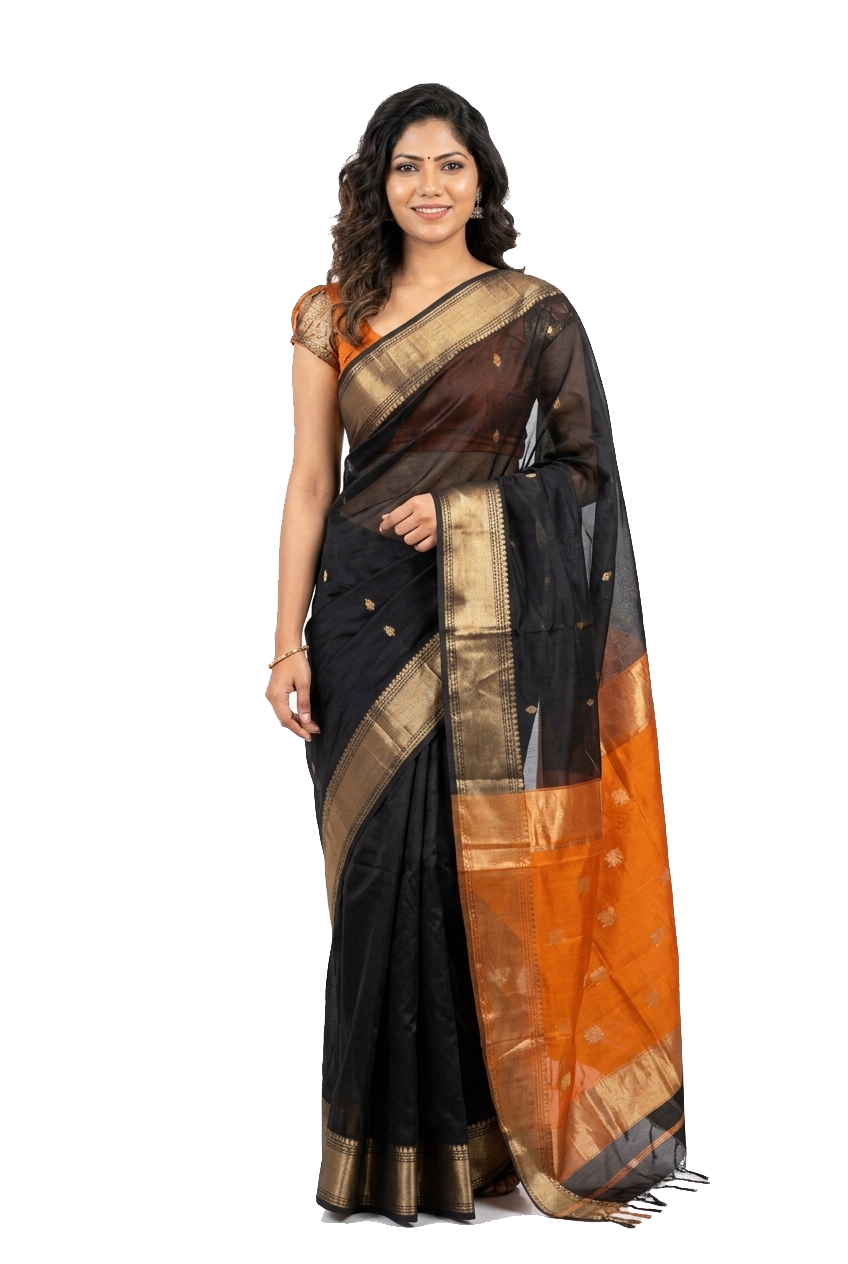 Black and Orange Silk Saree