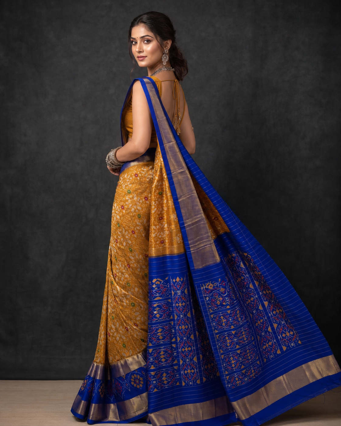 Mustard Yellow and Royal Blue Pure Handloom Ikat Silk Saree