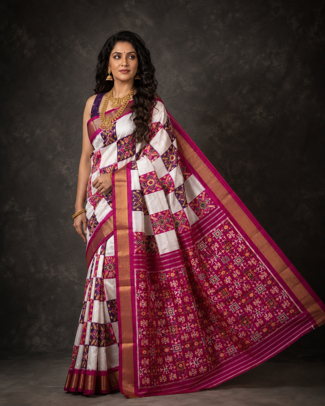 Pochampally Ikkat Patola Silk Saree in Purple and Magenta