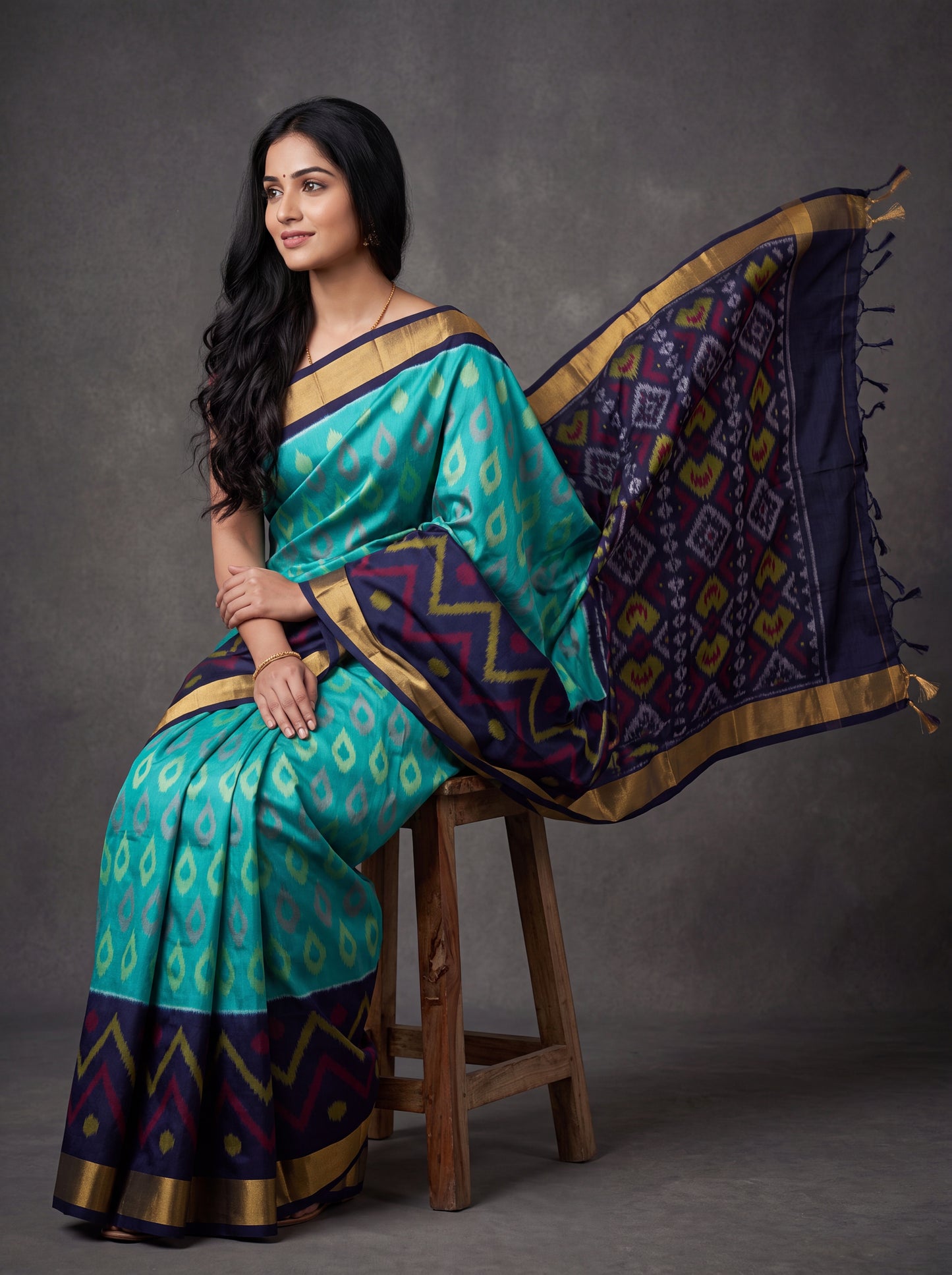 Turquoise and Navy Blue Pochampally Ikkat Silk Saree Zari