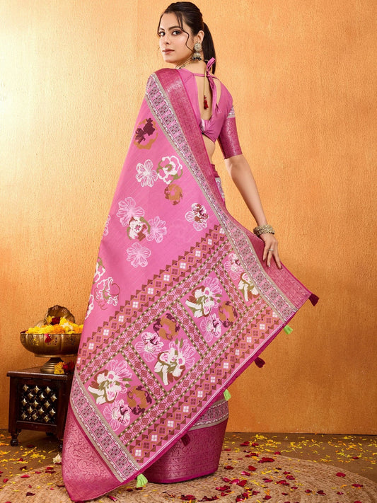 Pink Floral Zari Pure Crepe Saree
