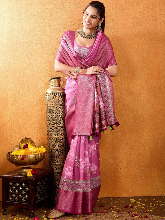 Pink Floral Zari Pure Crepe Saree