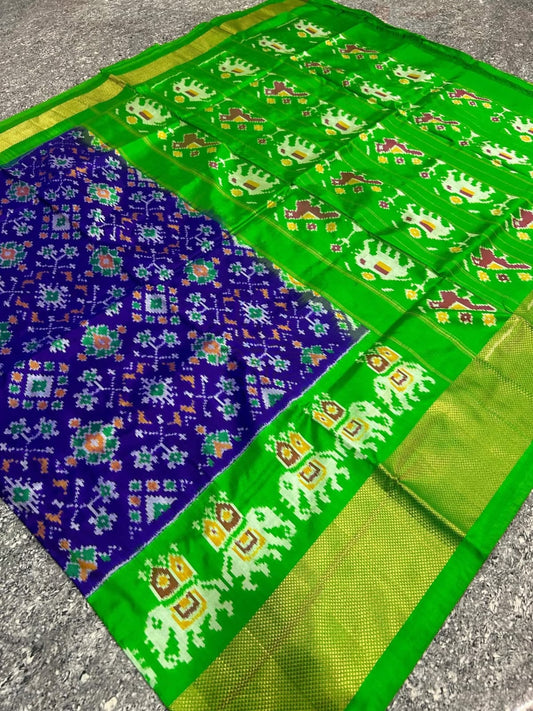 Purple and Parrot Green Pochampally Ikkat Silk Saree Zari