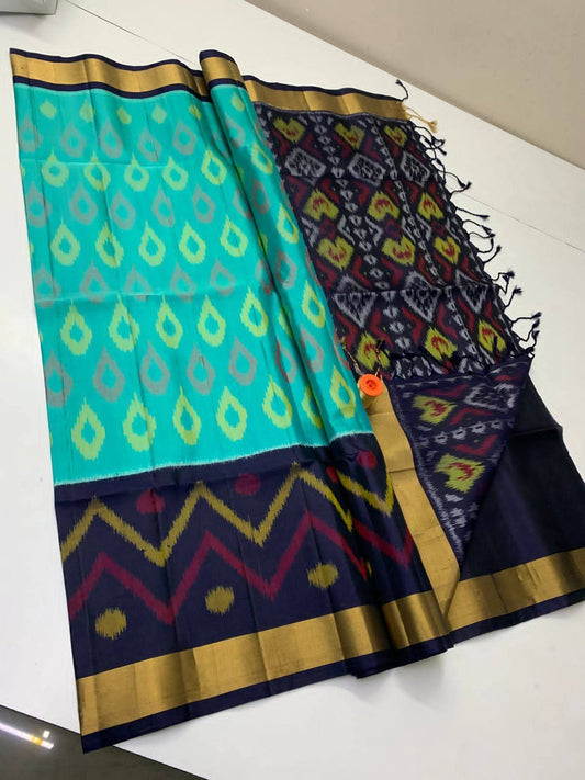 Turquoise and Navy Blue Pochampally Ikkat Silk Saree Zari