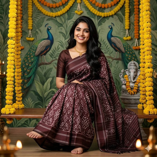 Deep Chocolate Brown Pochampally Ikkat Silk Saree Silver Zari