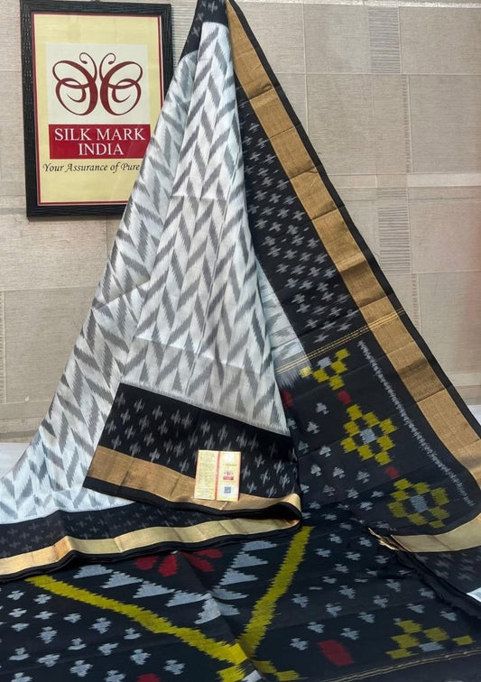 White and Black Pochampally Ikkat Silk Saree Gold Zari
