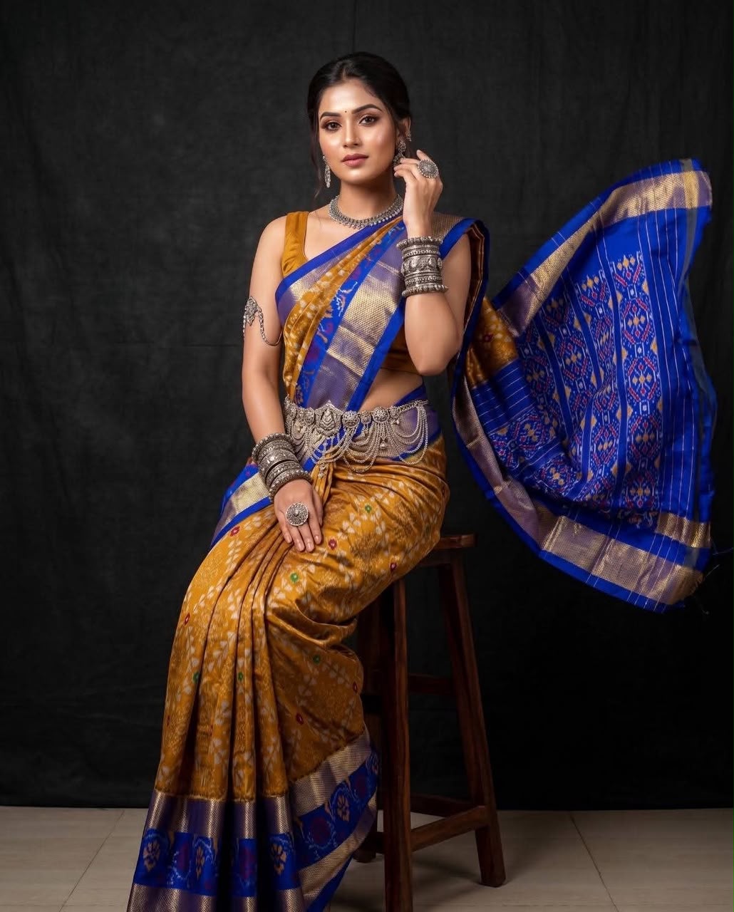 Mustard Yellow and Royal Blue Pure Handloom Ikat Silk Saree