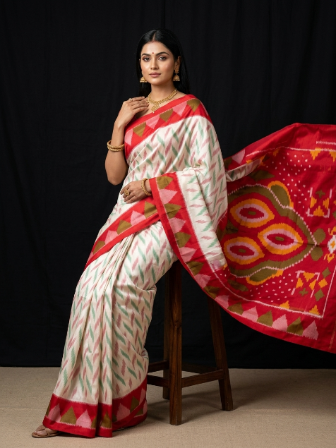 Multicolor Dola Silk Twill Ikkat Designer Saree With Unstitched Blouse Piece For Women